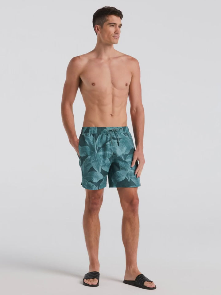 Tropical Plant Print Swim Trunk