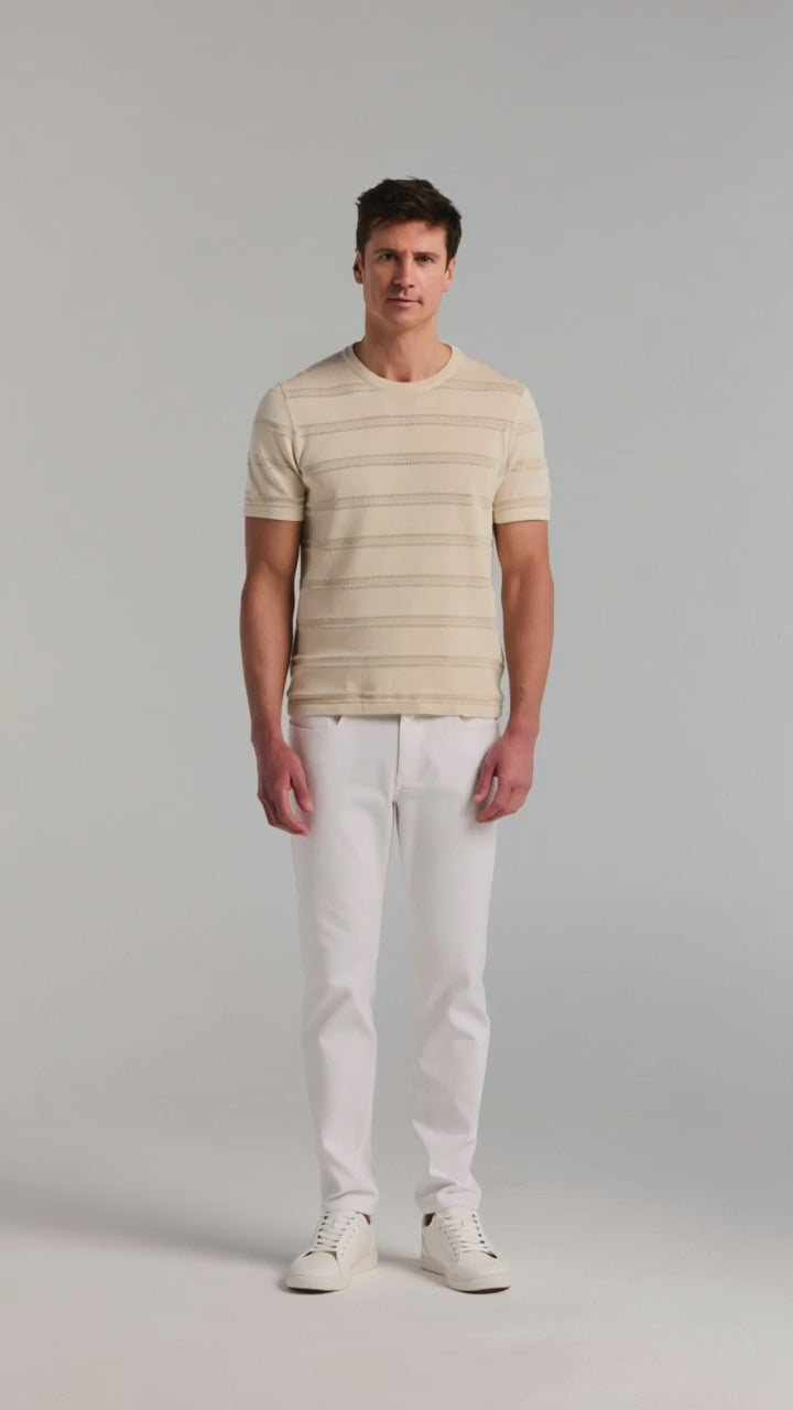 Cotton Mesh Striped Crew Neck Sweater Tee