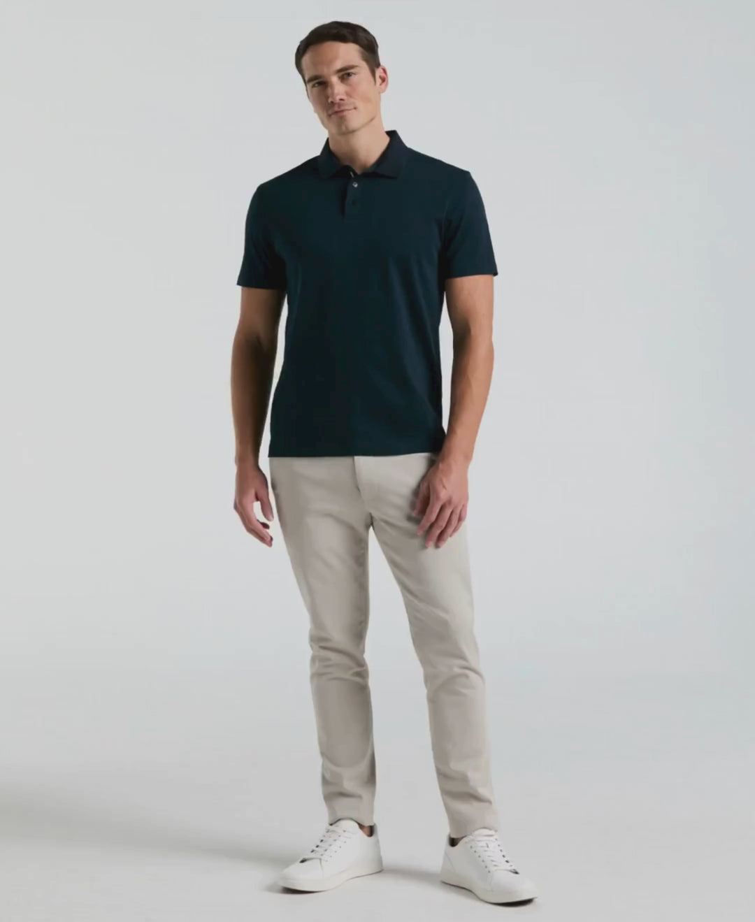 Video of a man wearing the perry Ellis Cool Interlock Polo in Dark Sapphire
