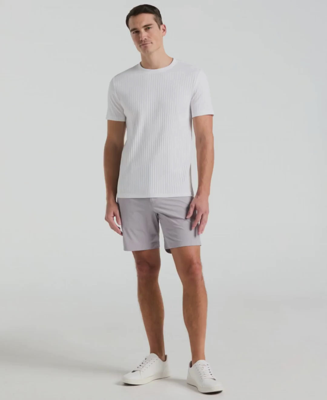 Man wears Perry Ellis Ribbed Crew Neck Tee in color Bright White