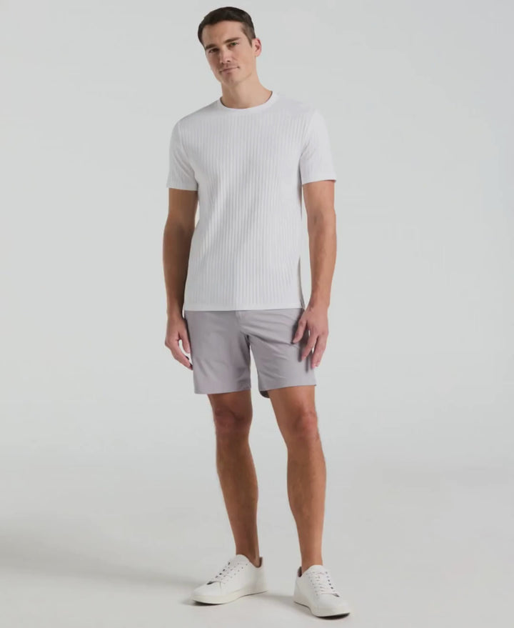 Man wears Perry Ellis Ribbed Crew Neck Tee in color Bright White