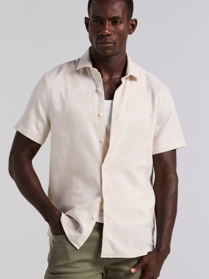 Large Geo Jacquard Cotton Linen Shirt (Silver Birch) 