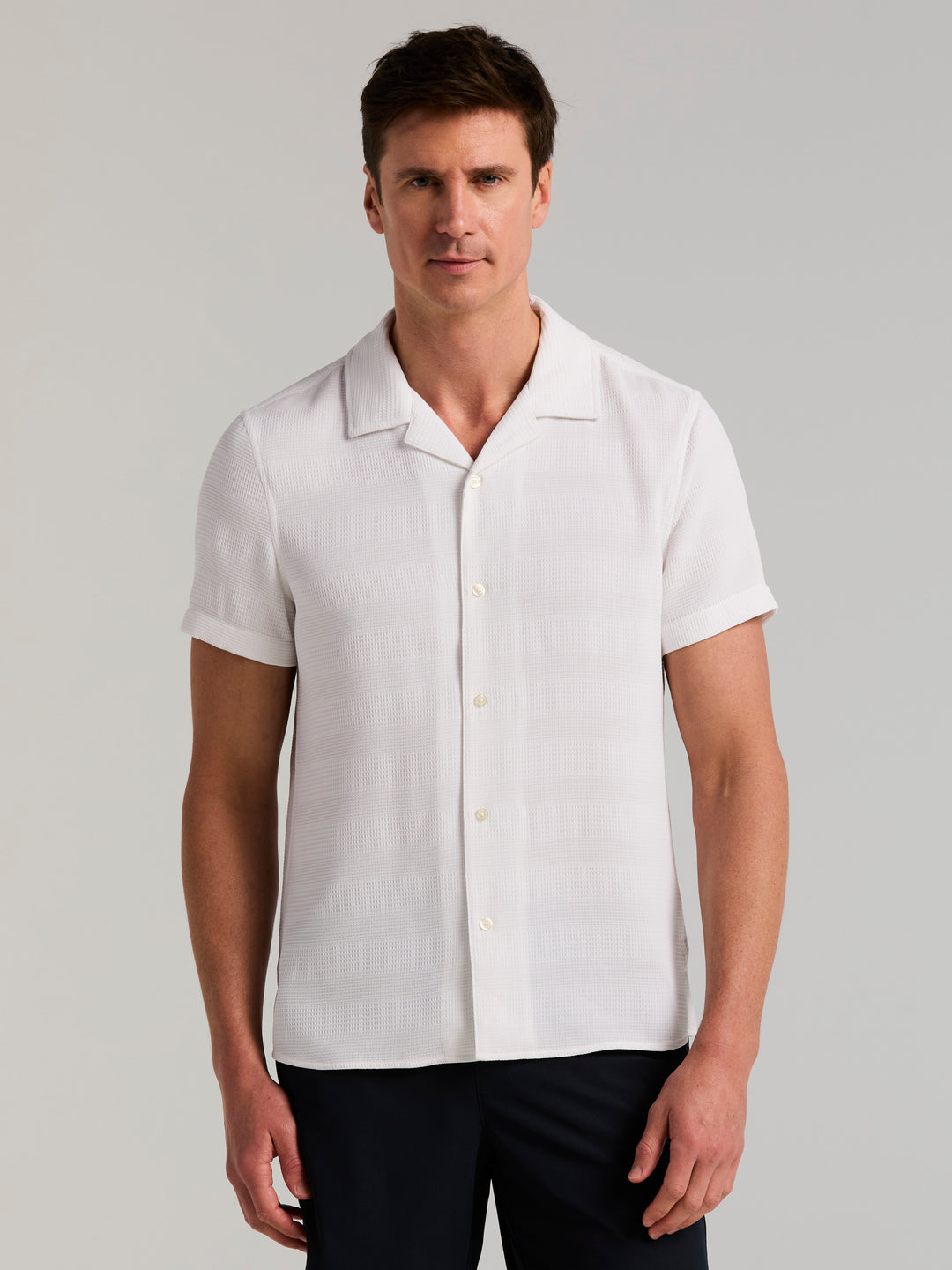 Men's Short Sleeve Dobby Stripe Camp Collar Shirt (Bright White) 