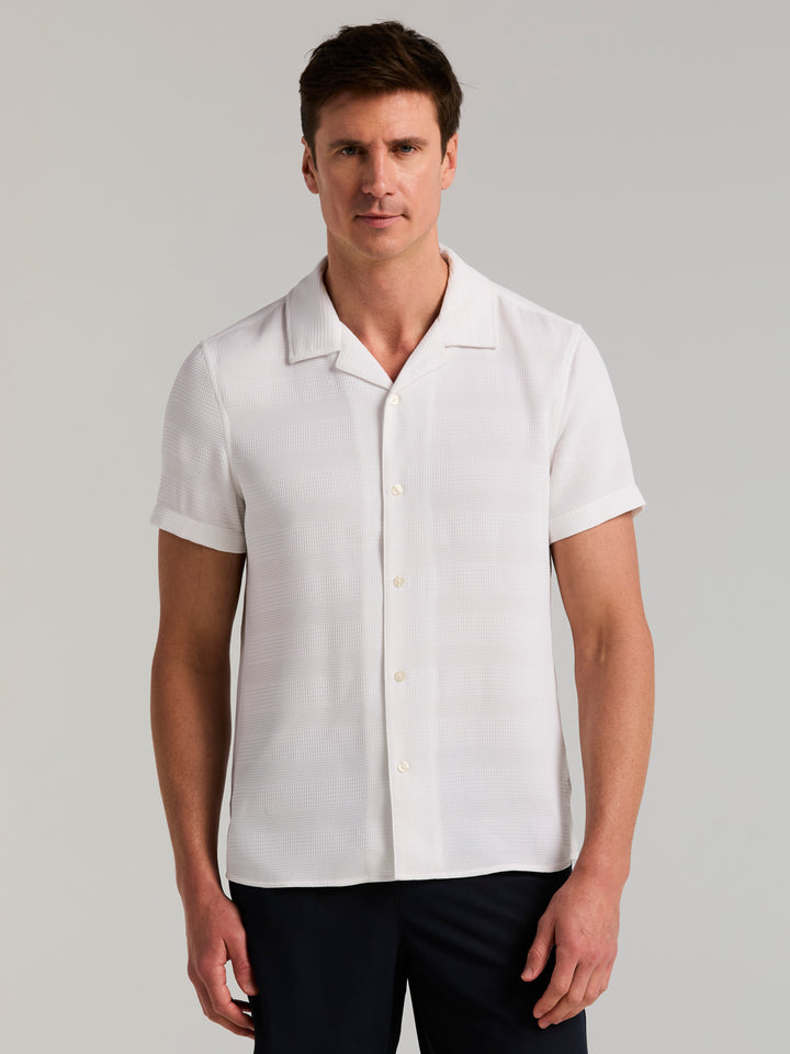 Men's Short Sleeve Dobby Stripe Camp Collar Shirt (Bright White) 