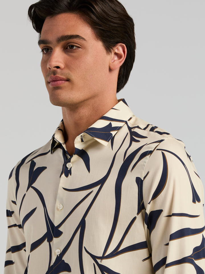 Abstract Floral Long Sleeve Herringbone Shirt (Turtledove) 