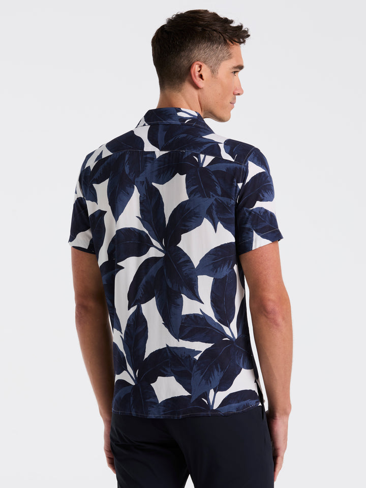 Tropical Plant Print Camp Collar Shirt (Dark Sapphire) 
