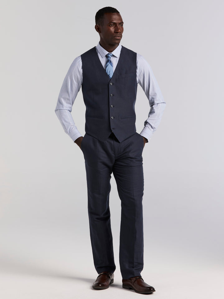 Slim Fit Linen Blend Herringbone Stretch Vest (Dark Sapphire) 