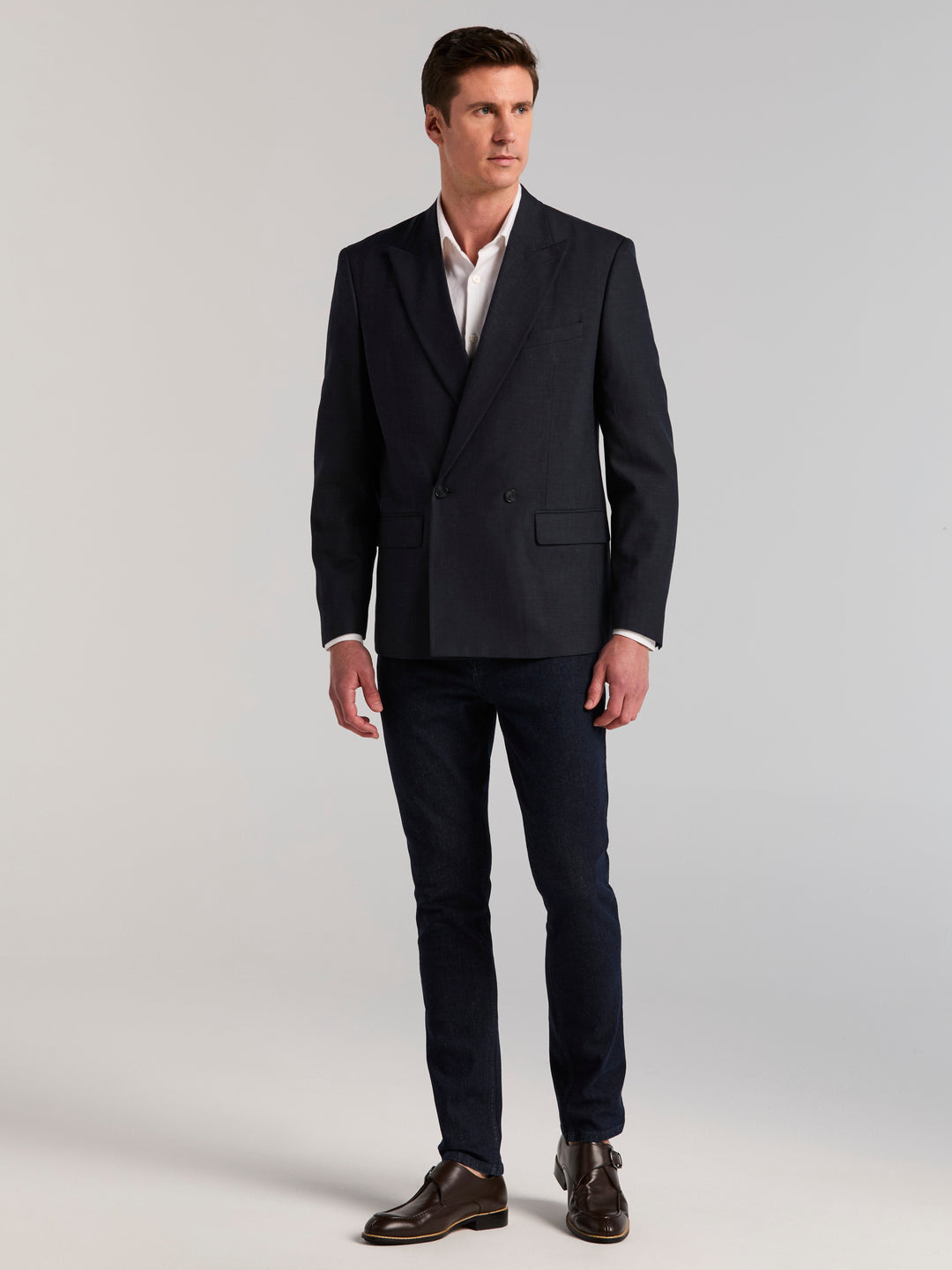Stretch Double Breasted Suit Jacket (Dark Sapphire) 