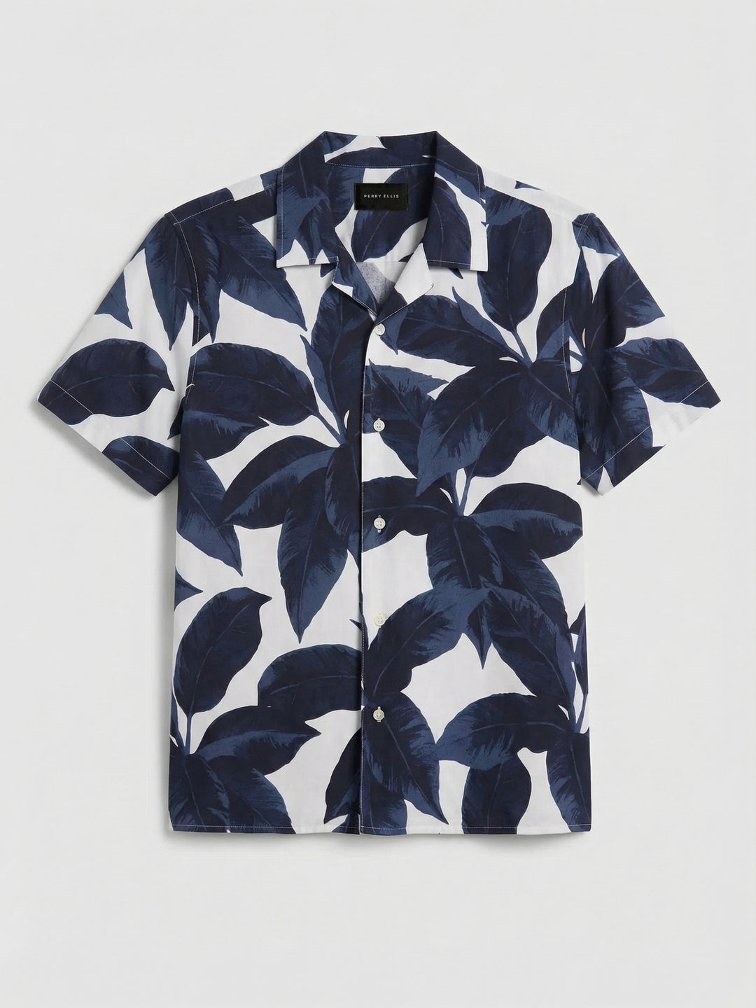 Tropical Plant Print Camp Collar Shirt (Dark Sapphire) 