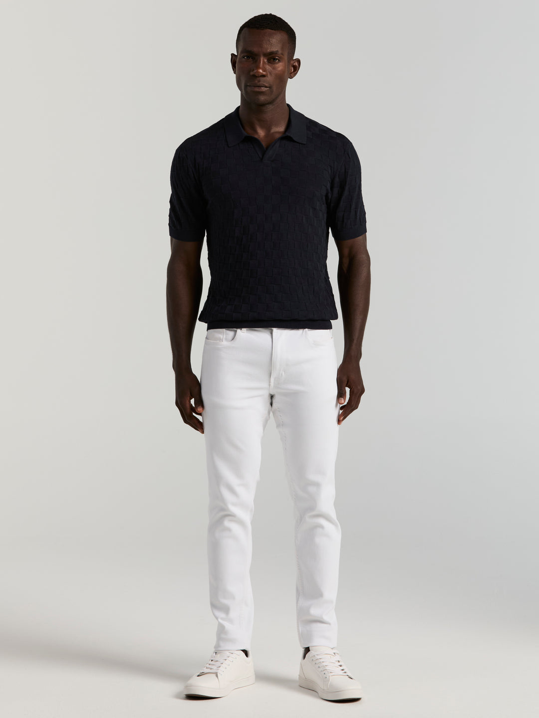 Checker Texture Open Polo Sweater (Dark Sapphire) 