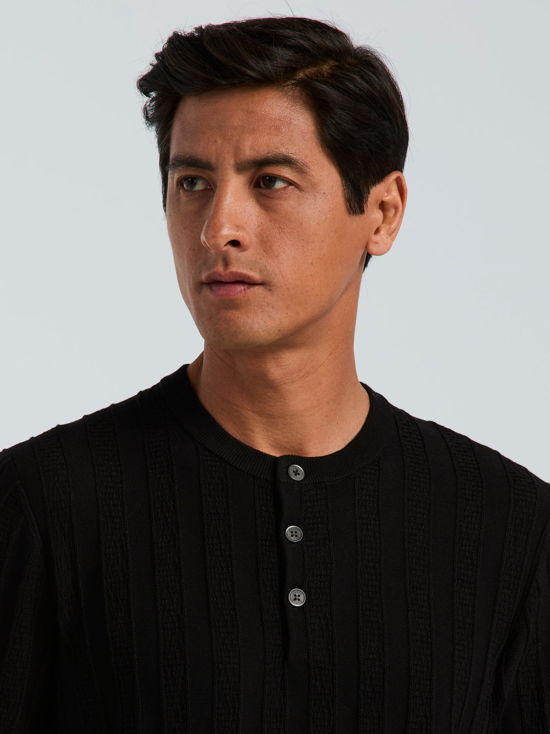Cotton Textured Stripe Button Crew Neck Sweater (Black) 