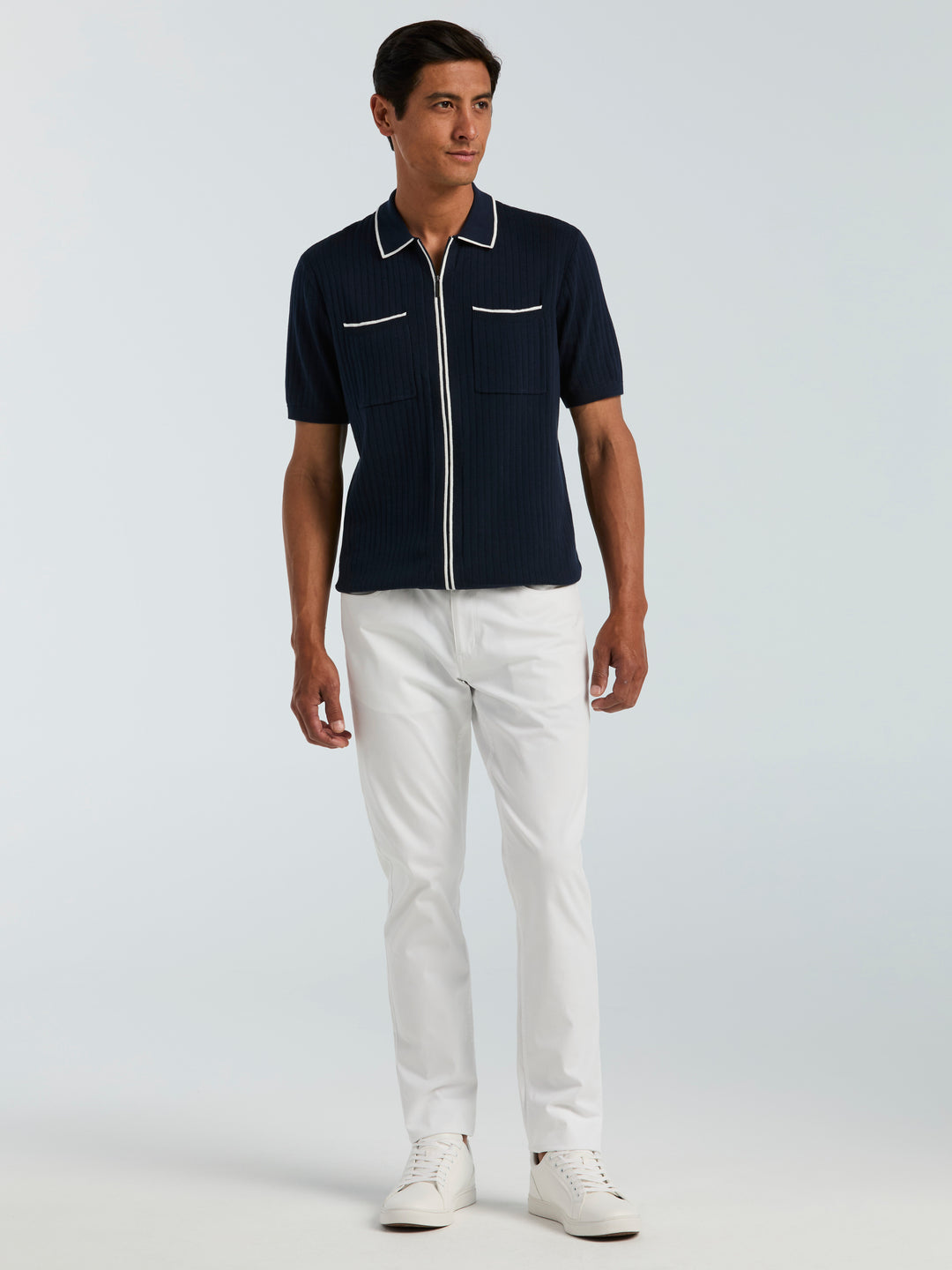 Cotton Short Sleeve Rib Tipped Full Zip Sweater (Dark Sapphire) 