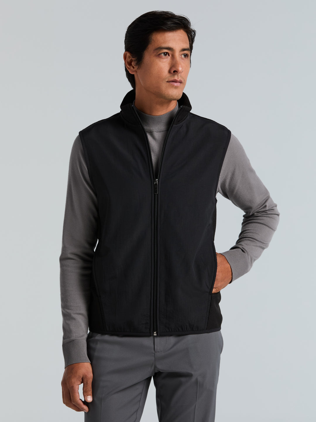 Solid Stretch Full-Zip Fleece Vest (Black) 