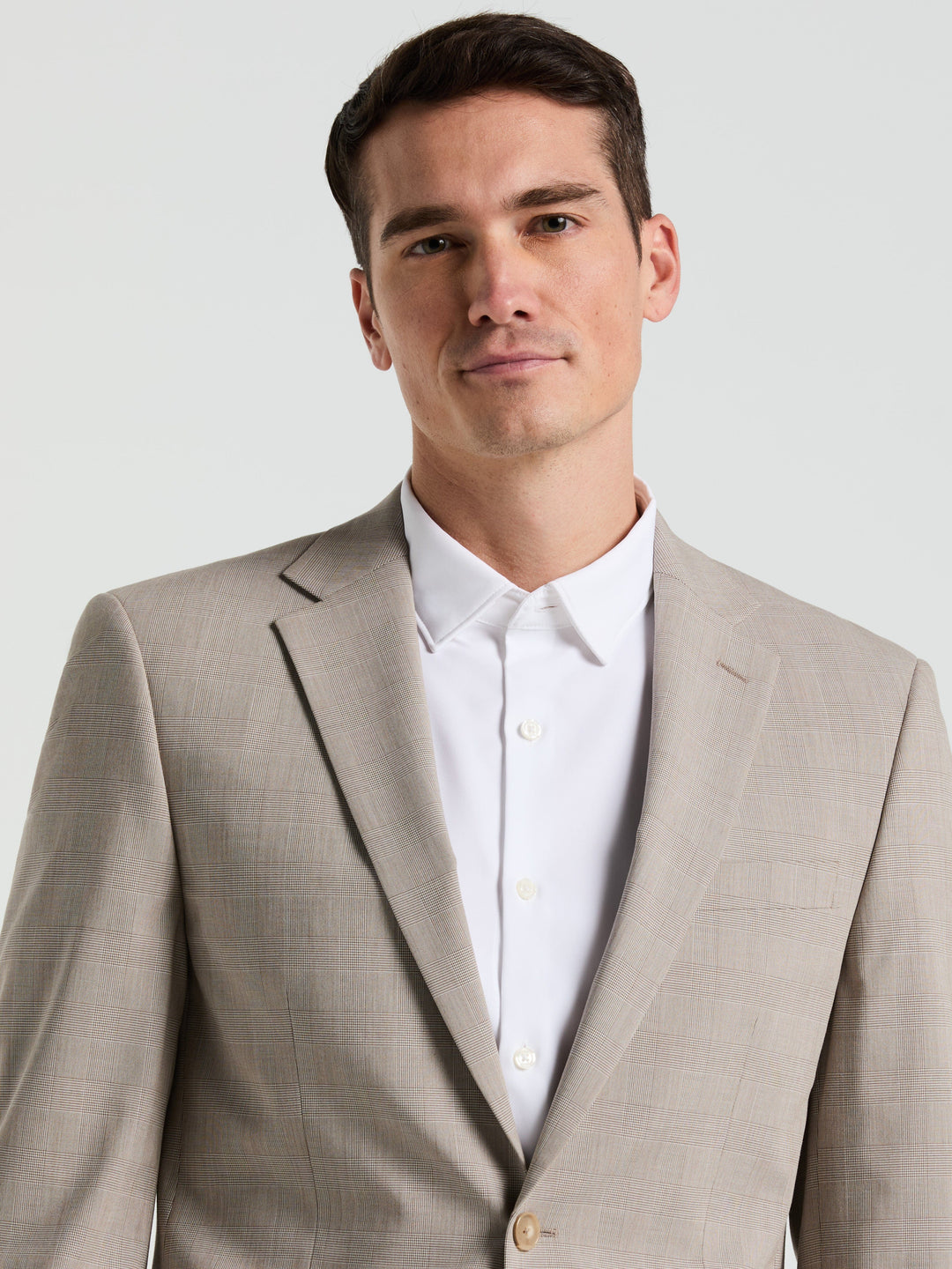 Slim Fit Plaid Print Suit Jacket (Tan) 