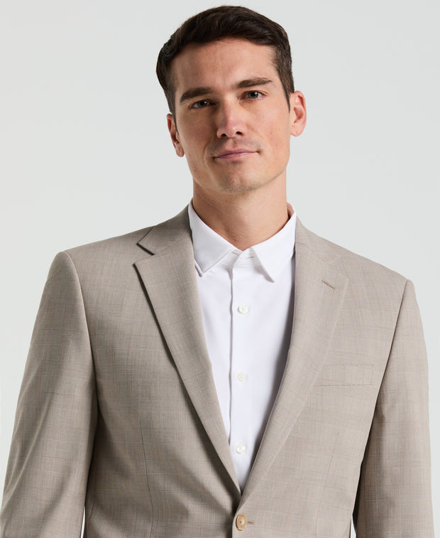 Slim Fit Plaid Print Suit Jacket (Tan) 