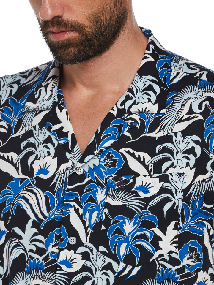 Floral Crane Print Shirt (Dark Sapphire) 