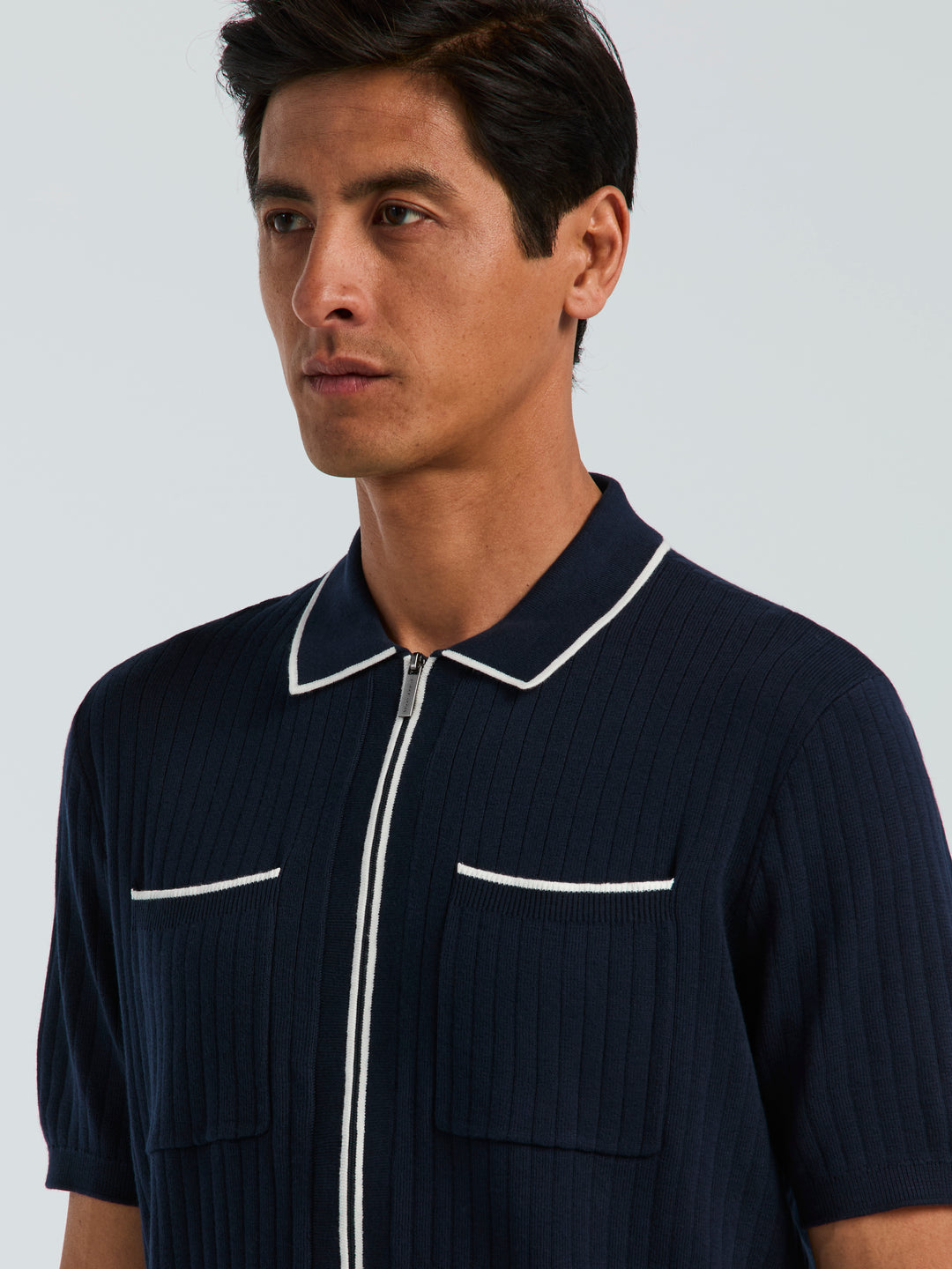 Cotton Short Sleeve Rib Tipped Full Zip Sweater (Dark Sapphire) 