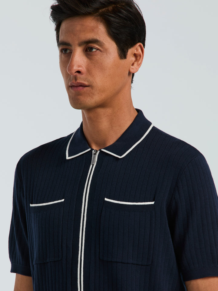 Cotton Short Sleeve Rib Tipped Full Zip Sweater (Dark Sapphire) 