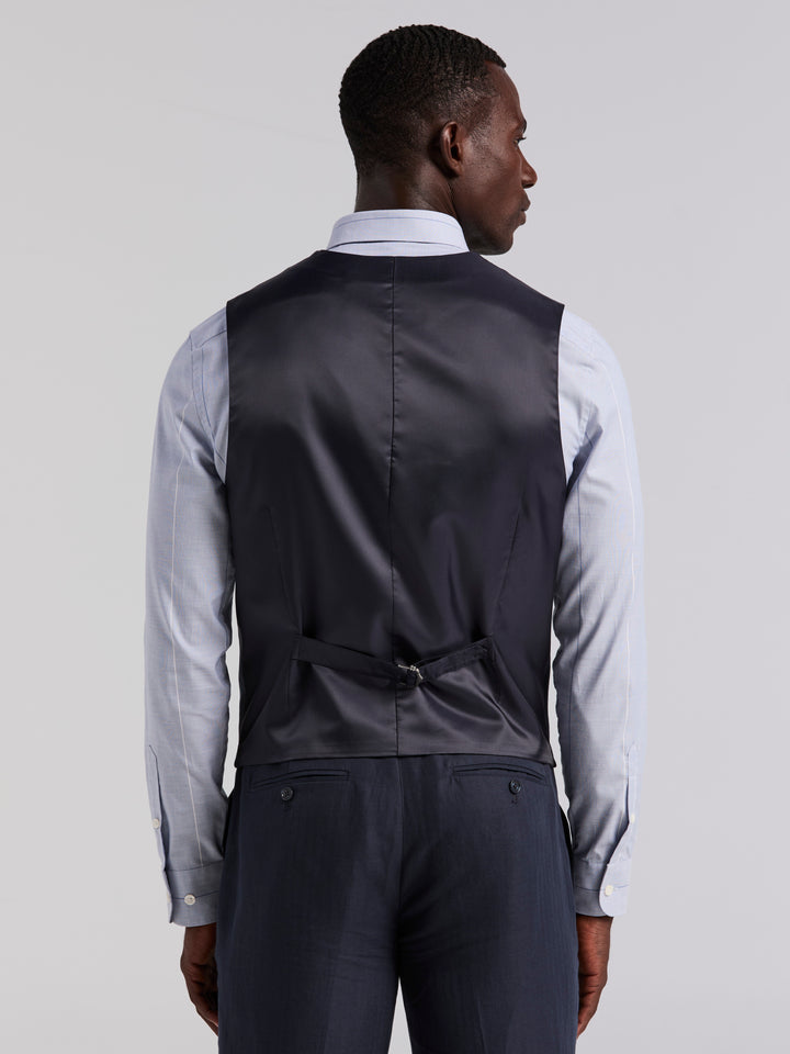 Slim Fit Linen Blend Herringbone Stretch Vest (Dark Sapphire) 