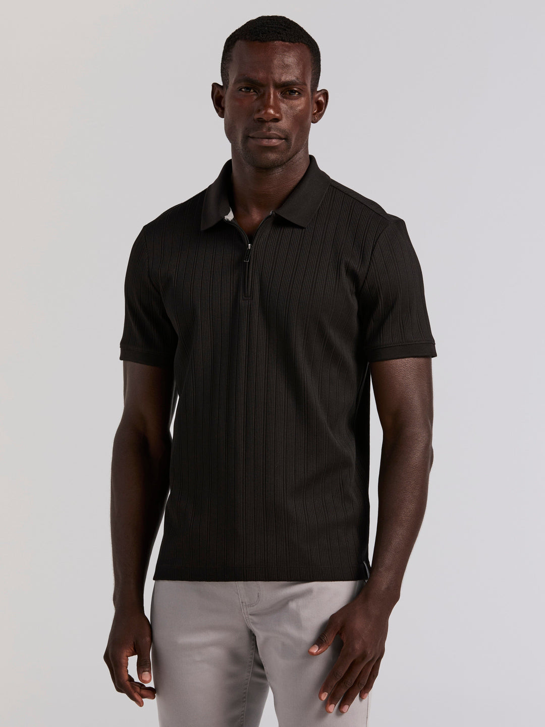 Perry Ellis Men's Variegated Vertical Ribbed Zip Polo in Black, Size Small, Cotton/Polyester/Elastane, Solid, Slim Perry Ellis Men's Variegated Vertical Ribbed Zip Polo in Black, Size Small, Cotton/Polyester/Elastane, Solid, Slim