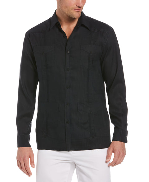 Big and Tall 100% Linen Long Sleeve 4 Pocket Guayabera (Jet Black) 