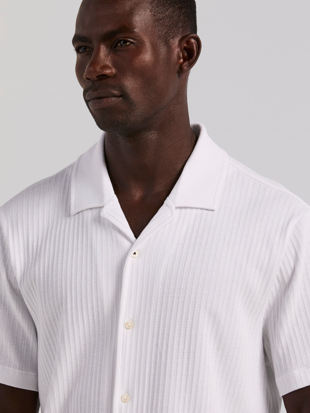 Cotton Vertical Stripe Jacquard Button Front Polo (Bright White) 