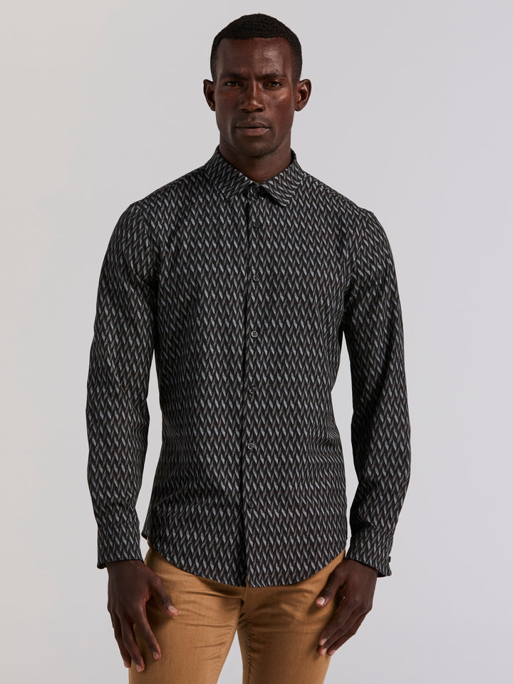 Geo Print Slim Fit Long Sleeve Shirt (Black) 