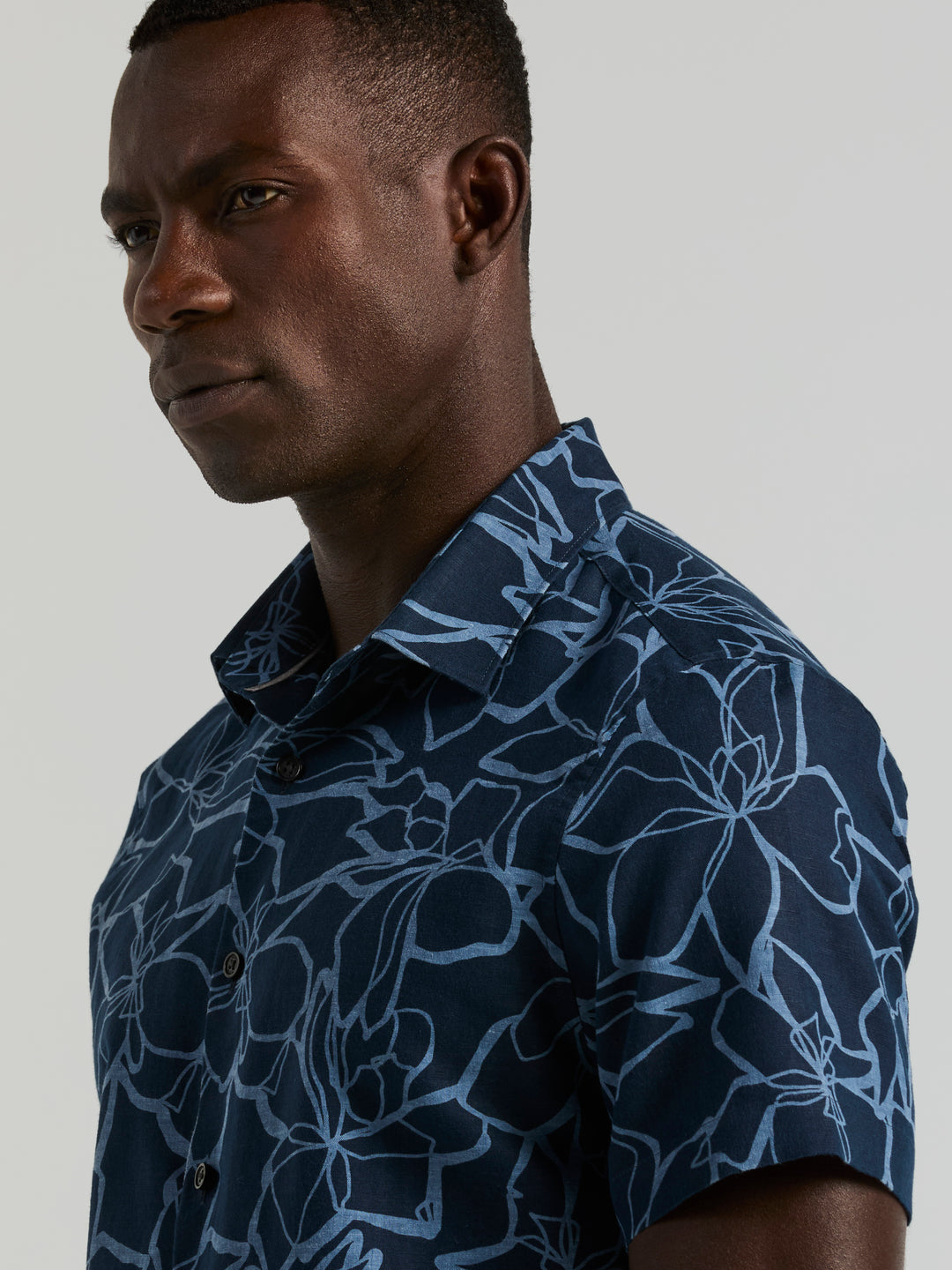 Men's Linen Floral Print Shirt (Dark Sapphire) 