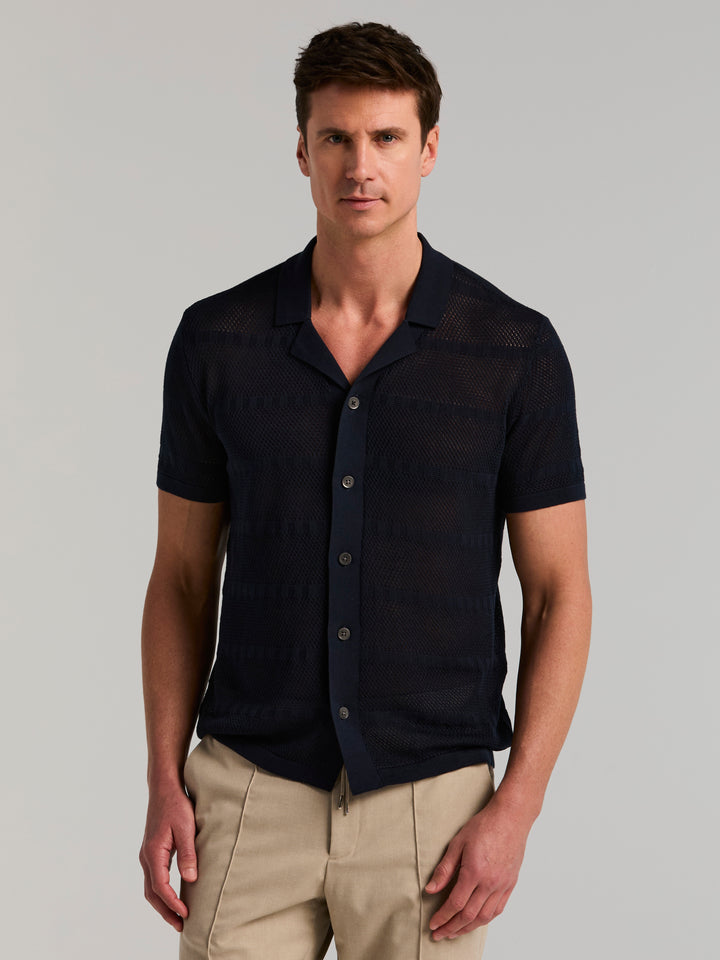 Cotton Mesh Stripe Button Front Sweater (Dark Sapphire) 