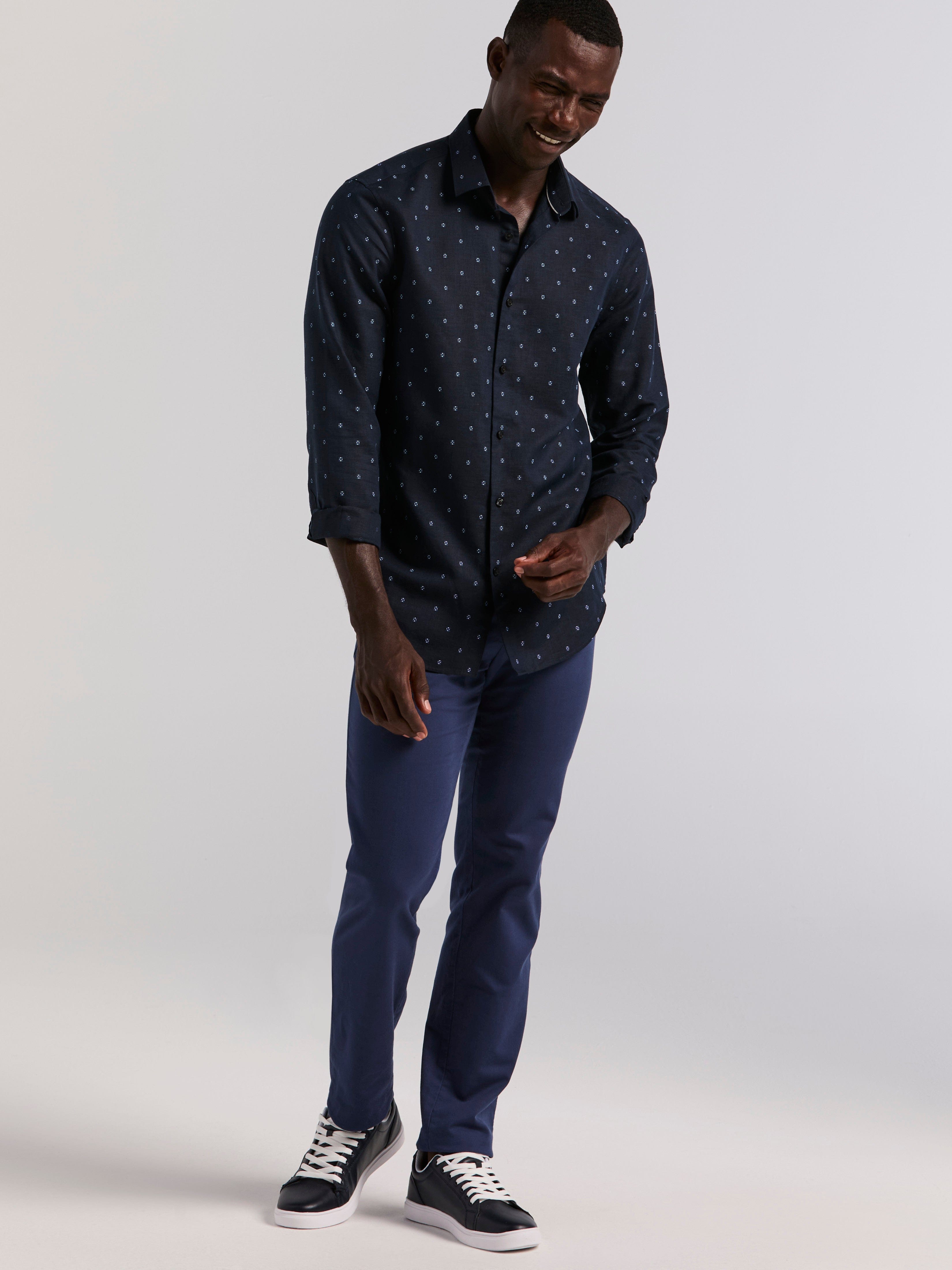 Untucked Linen Blend Geo Dot Print Shirt – Perry Ellis