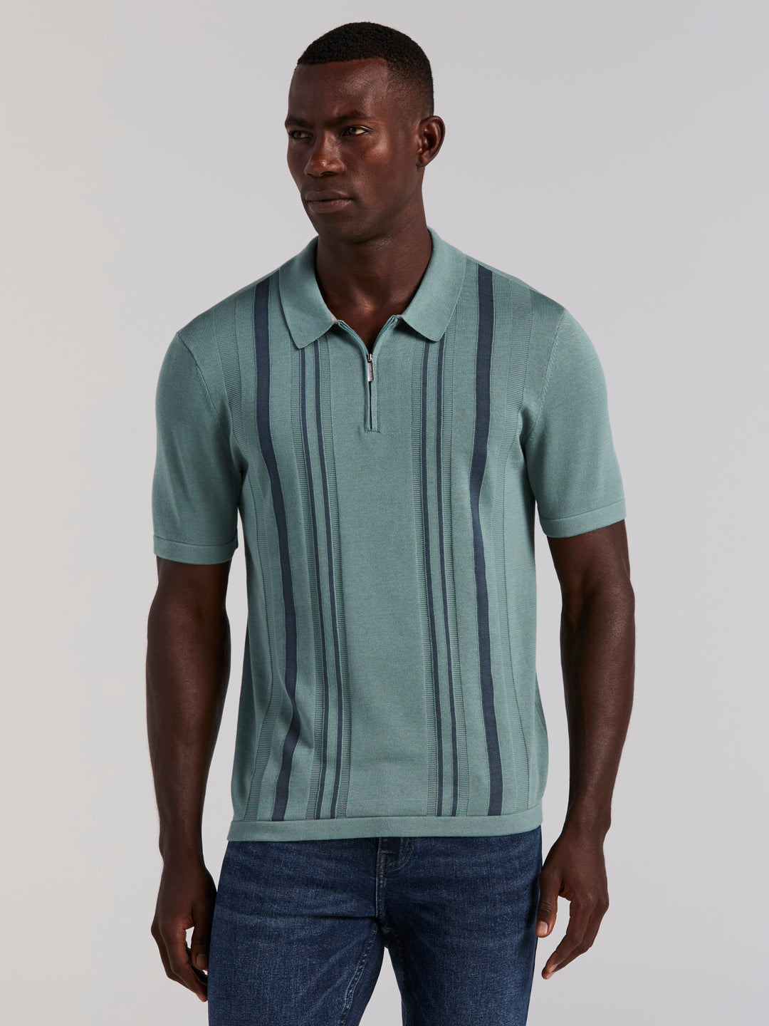 Cotton Modal Stripe Polo Sweater (Arctic) 