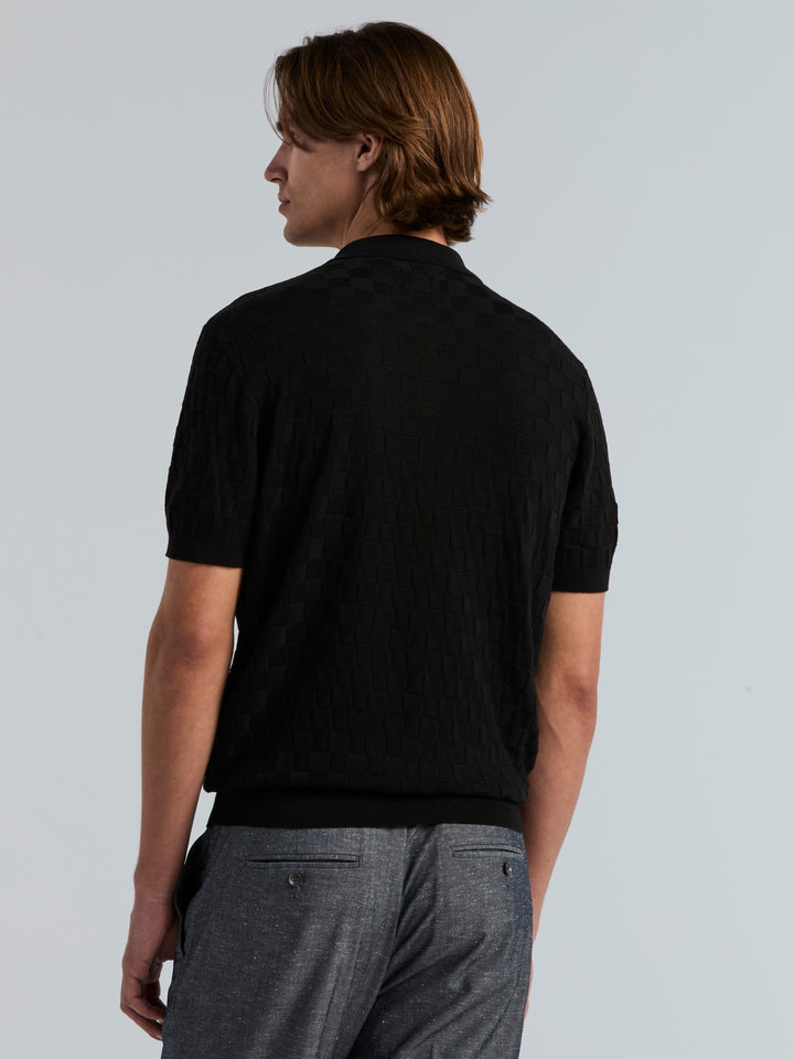Checker Texture Open Polo Sweater (Black) 