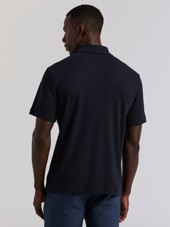 Cotton Vertical Stripe Jacquard Button Front Polo (Dark Sapphire) 