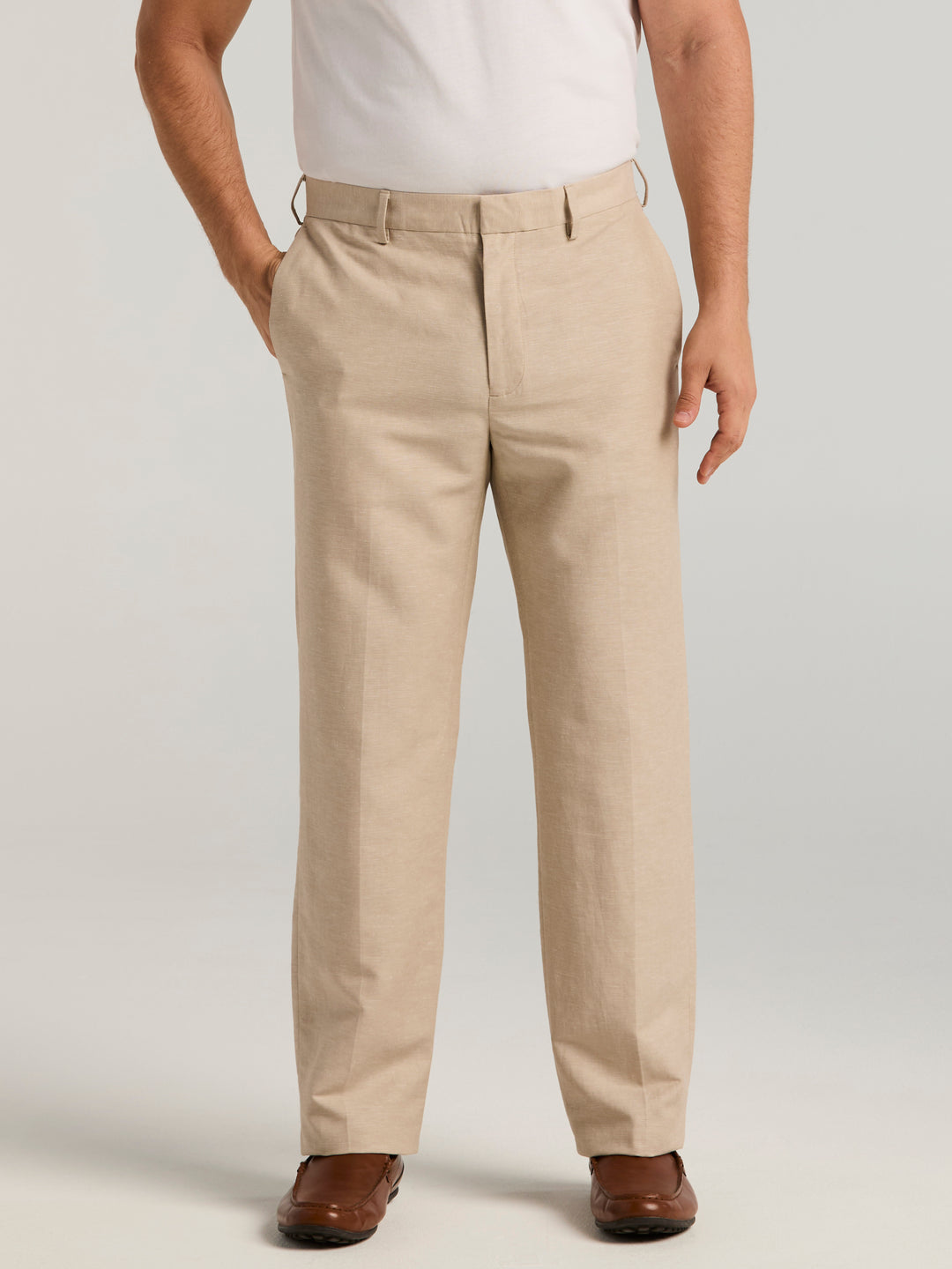 Linen Blend Flat Front Dress Pant (Khaki) 