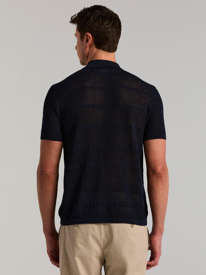 Cotton Mesh Stripe Button Front Sweater (Dark Sapphire) 