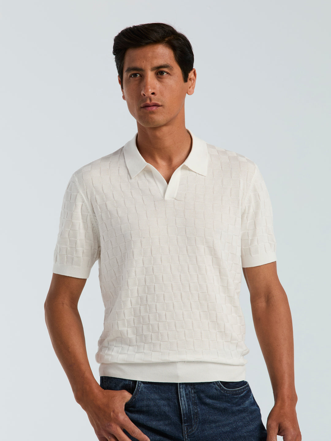 Checker Texture Open Polo Sweater (Bright White) 