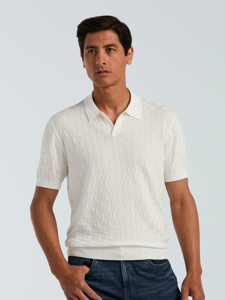 Checker Texture Open Polo Sweater (Bright White) 