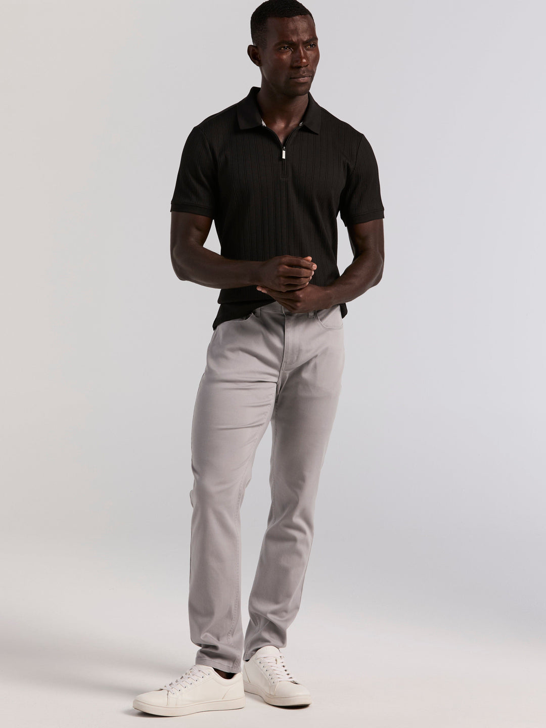 Vertical Rib Slim Fit Zip Polo Shirt (Black) 