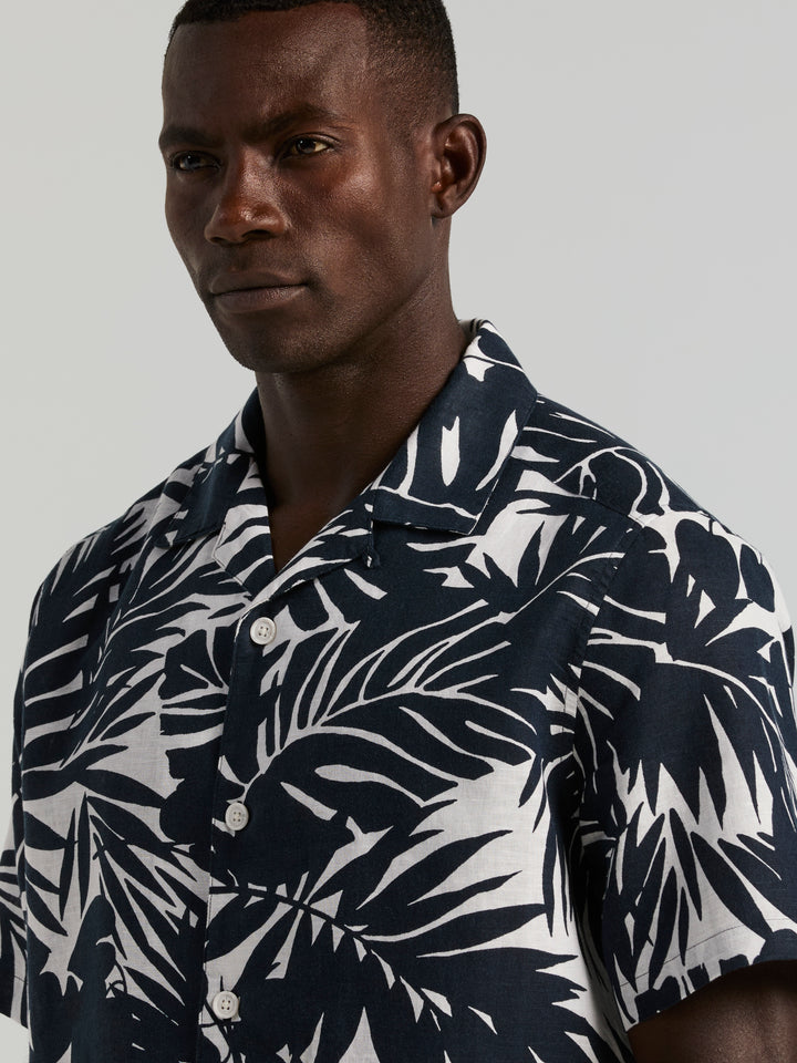 Tropical Leaf Print Camp Collar Shirt (Dark Sapphire) 