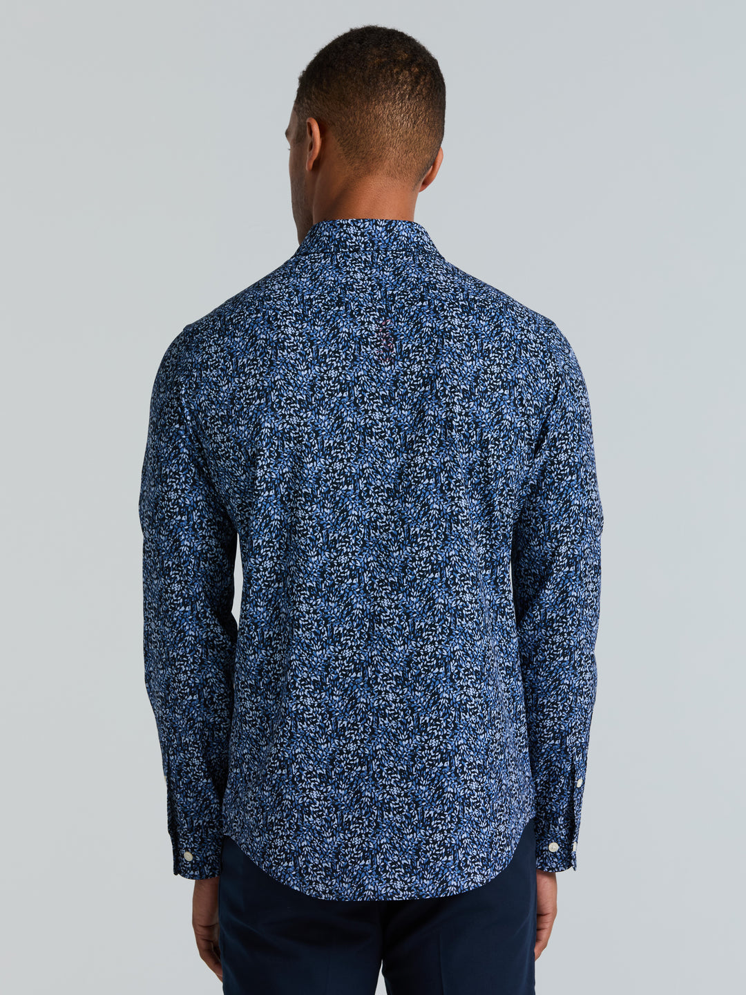 Short Sleeve Botanical Spray Print Button-Down Shirt (Dark Sapphire) 