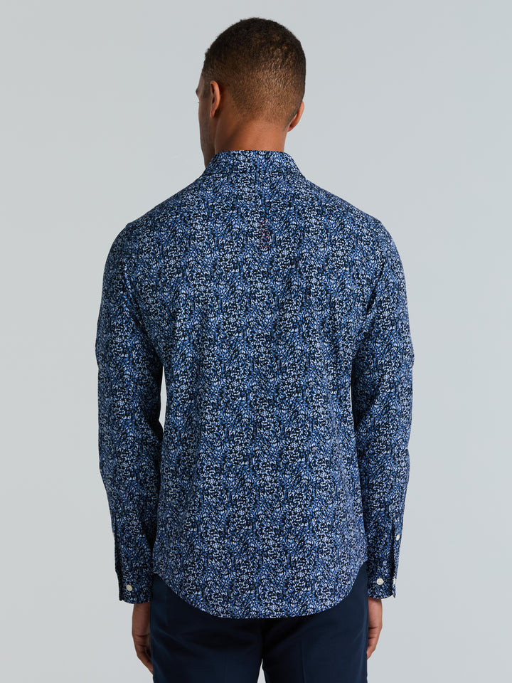 Short Sleeve Botanical Spray Print Button-Down Shirt (Dark Sapphire) 