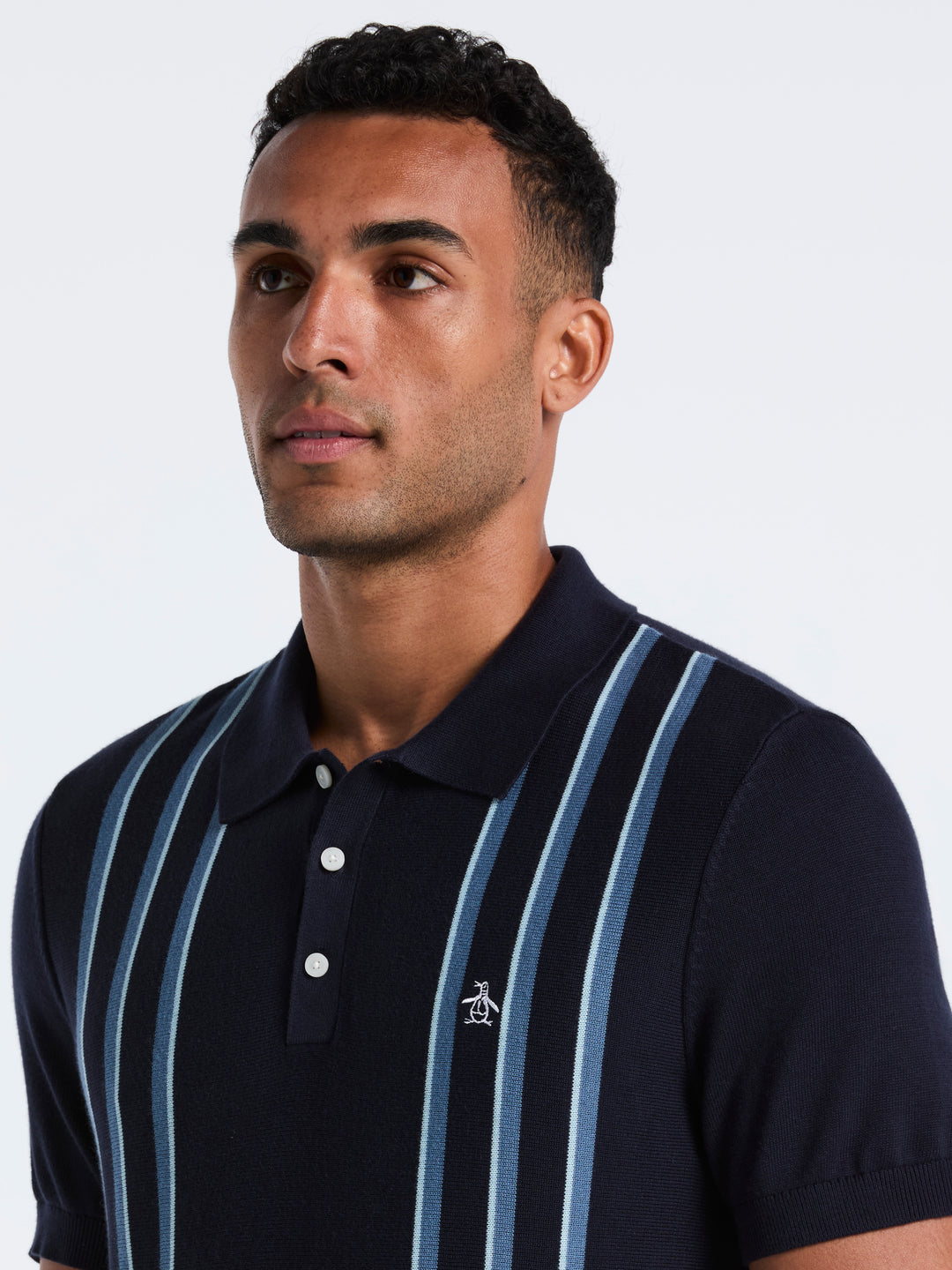 Cotton Vertical Stripe Sweater Polo (Dark Sapphire) 
