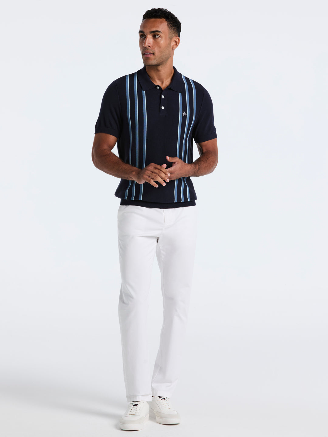 Cotton Vertical Stripe Sweater Polo (Dark Sapphire) 