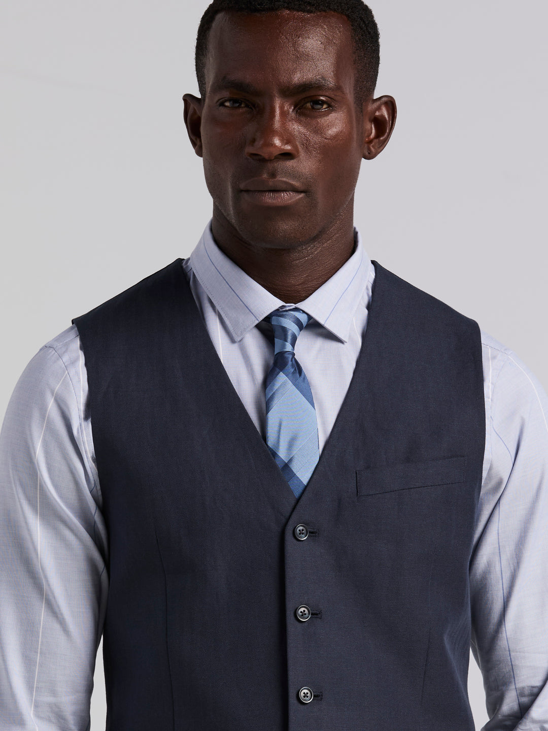 Slim Fit Linen Blend Herringbone Stretch Vest (Dark Sapphire) 