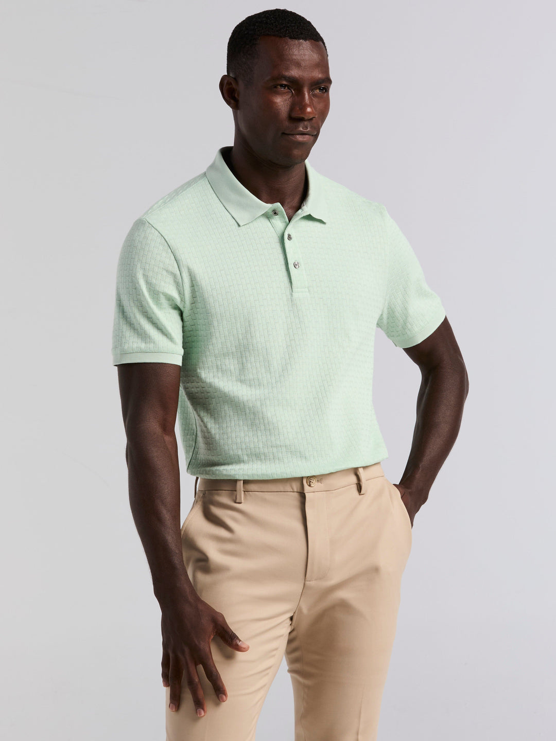 Cotton Jacquard Textured Geometric Polo Shirt (Silt Green) 