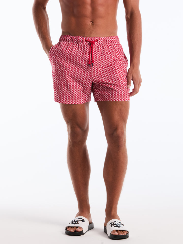 5 Inch Geometric Print Swim Shorts (Raspberry Wine) 