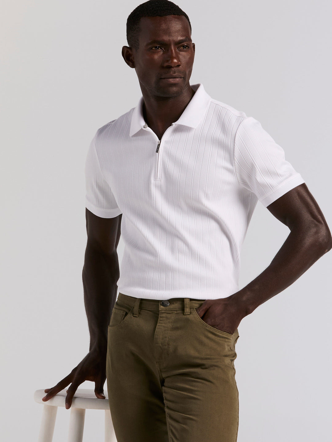 Vertical Rib Slim Fit Zip Polo Shirt (Bright White) 