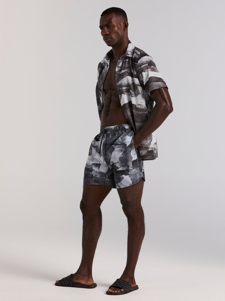 Abstract Wave Print Swim Trunk (Black) 
