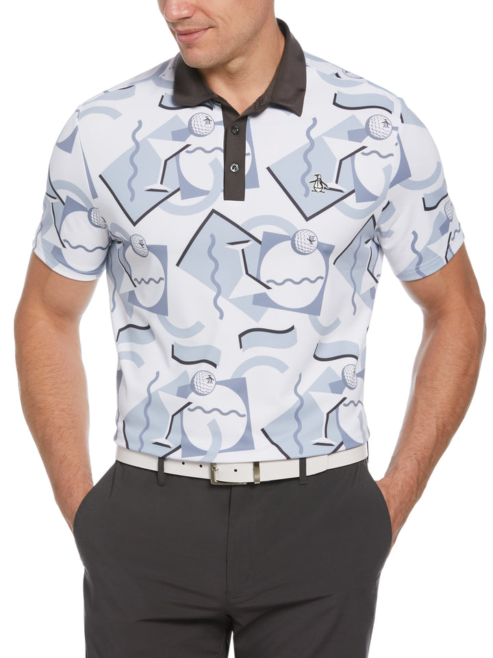 Abstract 80s Print Blocked Short Sleeve Golf Polo Shirt (Bright White) 