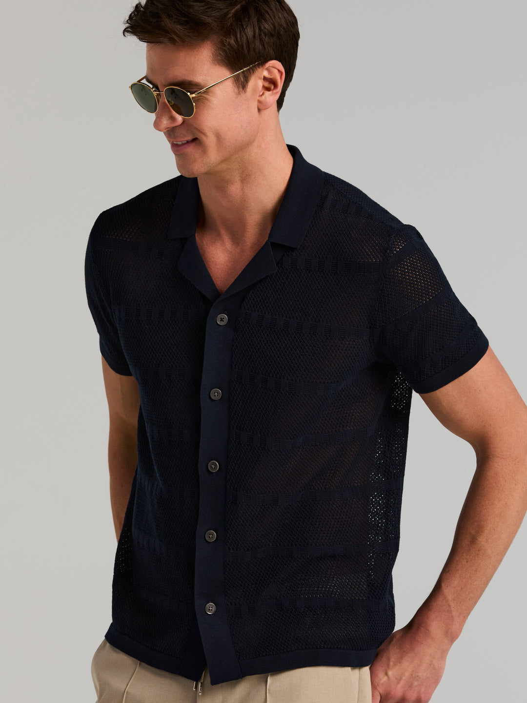 Cotton Mesh Stripe Button Front Sweater (Dark Sapphire) 